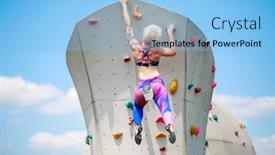  Presentation with rock climbing - Slides enhanced with photo from back of sportswoman with short haircut hanging on wall for rock climbing against blue sky background and a light blue colored foreground