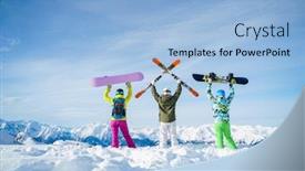  Presentation with hand world hands of jesus - PPT theme with back of three snowboarder background and a light blue colored foreground