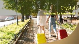  Presentation with green city - Audience pleasing slide deck consisting of photo from back of two young casual women holding hands together while walking with suitcases at green city boulevard backdrop and a tawny brown colored foreground