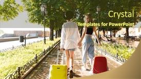  Presentation with green city - Slide deck enhanced with photo from back of two young beautiful women holding hands together while walking with suitcases at green city boulevard background and a tawny brown colored foreground