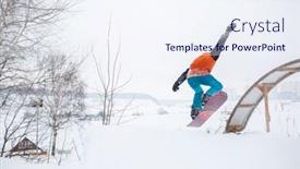  Presentation with skating - Audience pleasing PPT theme consisting of photo from back of young athlete skating on snowboard with springboard against background of trees backdrop and a sky blue colored foreground
