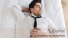  Presentation with bed hotel - Beautiful PPT theme featuring photo from top of caucasian bearded businessman wearing formal clothes lying on bed in hotel apartment backdrop and a mint green colored foreground