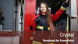  Presentation with long hair - Slide deck enhanced with photo ire woman long hair overalls looks camera next fire engine background and a tawny brown colored foreground