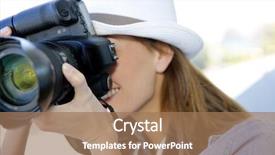  Presentation with journalism - Theme with photo journalism - woman photographer taking professional pictures background and a  colored foreground