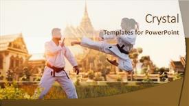 Presentation with trains - Slides featuring photo manipulation - female karate fighter trains kick background and a cream colored foreground