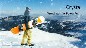  Presentation with businessman standing on mountain top - Theme having photo manipulation - male snowboarder stands on top background and a light blue colored foreground