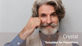  Presentation with optimistic - Audience pleasing presentation theme consisting of photo-of-a-bearded-happy backdrop and a gray colored foreground