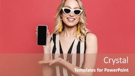  Presentation with photo display - PPT layouts having photo of a beautiful amazing young woman posing isolated over red coral background showing display of mobile phone background and a coral colored foreground
