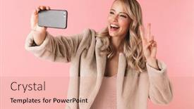  Presentation with peace - Beautiful PPT theme featuring photo of a beautiful happy young pretty woman posing isolated over pink wall background take a selfie by mobile phone showing peace gesture backdrop and a coral colored foreground