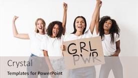  Presentation with girl power - Slides having photo of a beautiful optimistic young women multiracial friends posing isolated over white wall background holding blank with girl power text background and a soft green colored foreground