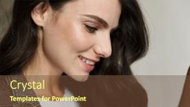  Presentation with optimistic - Amazing presentation design having photo of a beautiful smiling optimistic young business woman indoors at home backdrop and a tawny brown colored foreground