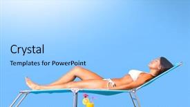  Presentation with sunshine - Beautiful slide deck featuring photo of a beautiful woman in white bikini lying on a sun lounger sunbathing in the sunshine backdrop and a light blue colored foreground
