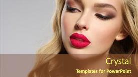  Presentation with beautiful young girl red - Colorful presentation theme enhanced with photo of a beautiful young blond girl with sexy red lips closeup attractive sensual face of white woman with long hair smoky eye makeup backdrop and a tawny brown colored foreground