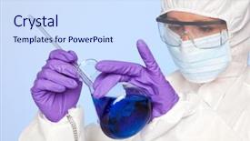  Presentation with chemicals - Slides featuring photo of a biochemist lab technician holding a flask of chemicals and a glass rod background and a sky blue colored foreground