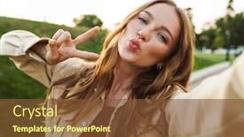  Presentation with green nature - PPT theme featuring photo of a cheery smiling pretty young ginger woman walking in nature green park outdoors take selfie by camera showing peace gesture blowing kisses background and a tawny brown colored foreground