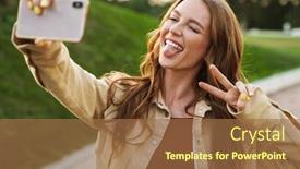  Presentation with green nature - Slide deck enhanced with photo of a cheery smiling beautiful young ginger woman walking in nature green park outdoors take selfie by mobile phone background and a coral colored foreground