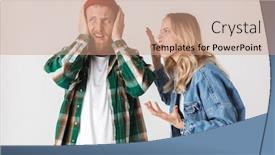  Presentation with photo - Presentation design featuring photo of a dispelased emotional young loving couple posing isolated over white wall background quarrel background and a coral colored foreground