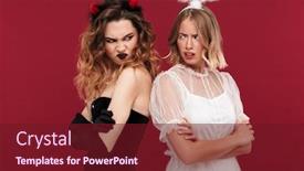  Presentation with demon - Amazing PPT layouts having displeased women angel and demon backdrop and a tawny brown colored foreground