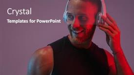  Presentation with neon - Slide set having photo of a handsome cheerful happy young sports man posing isolated over neon lights listening music with headphones background and a gray colored foreground