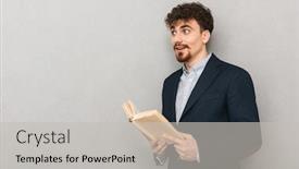  Presentation with business book - Theme enhanced with photo of a handsome young business man isolated over grey wall background reading book background and a light gray colored foreground