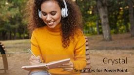  Presentation with music notes - Colorful PPT theme enhanced with photo of a happy beautiful young curly woman sit on bench in park outdoors listening music with headphones writing notes in notebook backdrop and a gold colored foreground