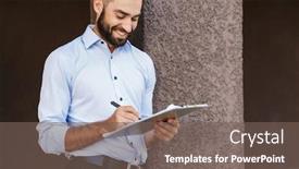  Presentation with writing notes - Audience pleasing slide deck consisting of photo of a happy cheerful smiling young business man standing near business center holding clipboard writing notes backdrop and a gray colored foreground