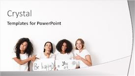  Presentation with women - Beautiful theme featuring photo of a happy positive young women multiracial friends posing isolated over white wall background holding blank with compliments text backdrop and a white colored foreground