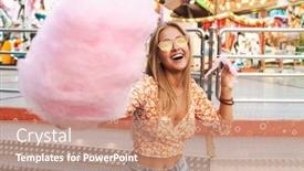  Presentation with amusement park - Presentation theme consisting of photo of a happy smiling cute woman walking outdoors in amusement park eat candyfloss background and a coral colored foreground