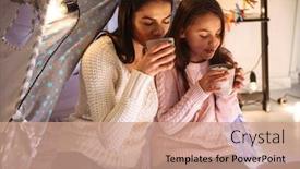  Presentation with cocoa - Colorful PPT theme enhanced with photo of a happy young woman with her little daughter girl on floor holding cocoa drinking christmas concept backdrop and a coral colored foreground