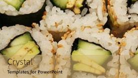  Presentation with vegetarian - Audience pleasing theme consisting of photo of a japanese vegetarian sushi roll close up backdrop and a yellow colored foreground