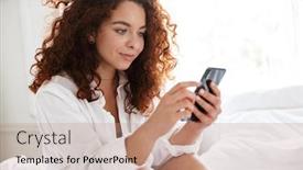  Presentation with bed hotel - Colorful theme enhanced with photo of a pleased young woman dressed in white shirt indoors in home hotel in bed using mobile phone backdrop and a coral colored foreground