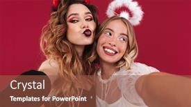  Presentation with angel - Slide set with photo of a positive cute women angel and demon in carnival costumes isolated over red wall background take a selfie by camera blowing kisses background and a tawny brown colored foreground