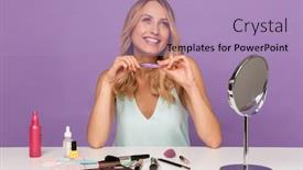 Presentation with purple wall - Presentation theme consisting of photo of a positive optimistic young woman posing isolated over purple wall background with cosmetics with mirror holding eyeshadow base background and a light blue colored foreground