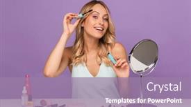  Presentation with purple wall - Amazing presentation having photo of a positive optimistic young woman posing isolated over purple wall background with cosmetics with mirror holding lash mascara backdrop and a coral colored foreground