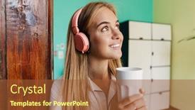  Presentation with coffee music - Slide set featuring photo of a positive optimistic smiling young cute girl in pajama at home listening music with headphones drinking coffee background and a red colored foreground