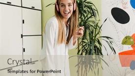  Presentation with music headphones - Audience pleasing slide set consisting of photo of a positive optimistic smiling young cute girl in pajama at home listening music with headphones backdrop and a mint green colored foreground