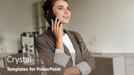  Presentation with optimistic - Audience pleasing PPT theme consisting of photo of a positive optimistic young business woman indoors at home talking by mobile phone backdrop and a violet colored foreground