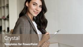  Presentation with optimistic - Presentation theme consisting of photo of a positive optimistic young business woman indoors at home holding clipboard background and a gray colored foreground