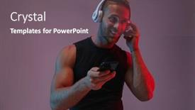  Presentation with neon - Colorful PPT layouts enhanced with photo of a positive pleased cheerful young sports man posing isolated over neon lights listening music with headphones using mobile phone backdrop and a gray colored foreground