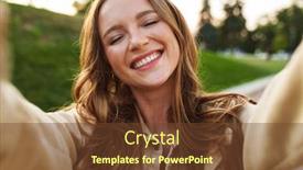  Presentation with green nature - Beautiful slide deck featuring photo of a positive smiling beautiful young ginger woman walking in nature green park outdoors take selfie by camera backdrop and a tawny brown colored foreground