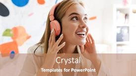  Presentation with music headphones - Cool new PPT theme with photo of a positive smiling young cute girl in pajama at home on bed listening music with headphones backdrop and a coral colored foreground