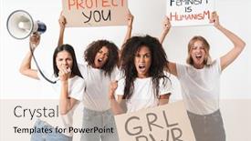  Presentation with girl power - Slide set consisting of photo of a pretty angry displeased young women multiracial friends posing isolated over white wall background holding blank with girl power text and loudspeaker background and a lemonade colored foreground