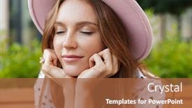  Presentation with closed - PPT layouts having photo of a relaxing young redhead woman sit on a bench outdoors at the street with eyes closed background and a red colored foreground