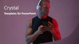  Presentation with neon - Colorful presentation theme enhanced with photo of a serious young sports man posing isolated over neon lights listening music with headphones using mobile phone backdrop and a violet colored foreground