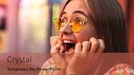  Presentation with amusement park - Beautiful slide deck featuring photo of a shocked cute woman walking outdoors in amusement park looking aside backdrop and a red colored foreground