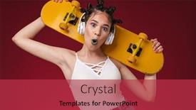  Presentation with punk - PPT theme having photo of a shocked emotional young punk teenage girl listening music with headphones isolated over burgundy red wall background holding skateboard background and a red colored foreground