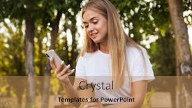  Presentation with lady - Presentation theme consisting of photo of a smiling positive young lady sit in nature park using mobile phone drinking coffee background and a coral colored foreground