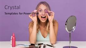  Presentation with purple wall - Presentation consisting of photo of a surprised shocked cute young woman posing isolated over purple wall background with cosmetics with mirror holding beauty sponge background and a light blue colored foreground