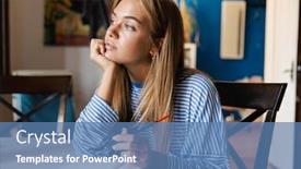  Presentation with writing notes - Audience pleasing slide set consisting of photo of a thinking dreaming young cute girl at home at the table writing notes in notebook backdrop and a teal colored foreground