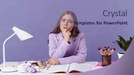  Presentation with purple wall - Colorful slide set enhanced with photo-of-a-thinking-serious backdrop and a light blue colored foreground